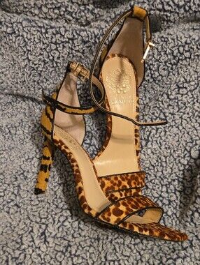 Vince Camuto Leopard-Tiger Print Ankle Strap Heels in Brown/Black